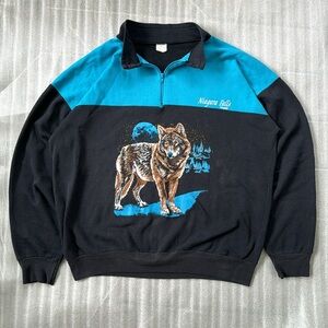 Vintage 80s Everest Wolf Moon Niagara Falls Canada Quarter Zip Crew Neck